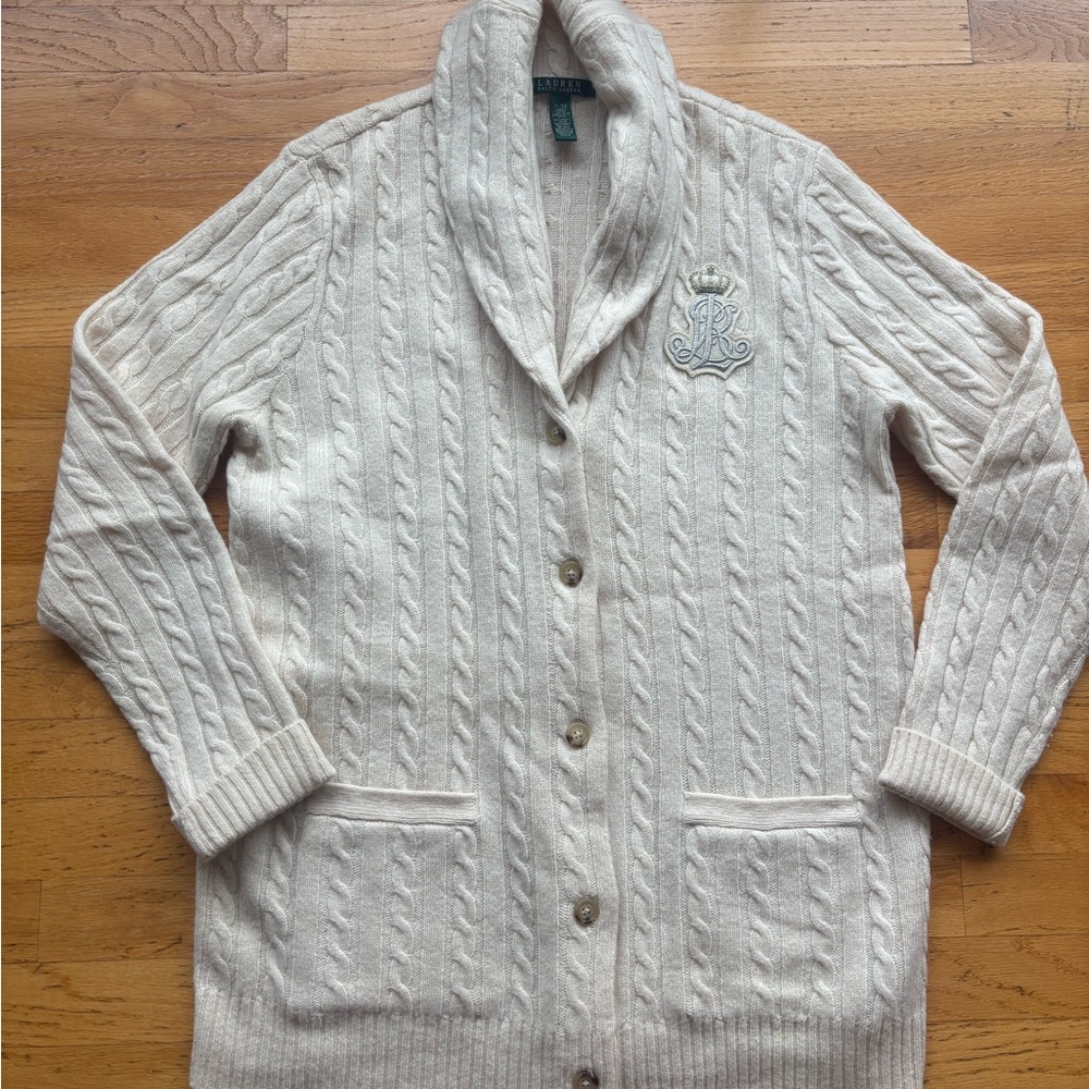 XL Ralph Lauren Wool Cable Knit Cardigan Sweater in a Pale Buttery Cream